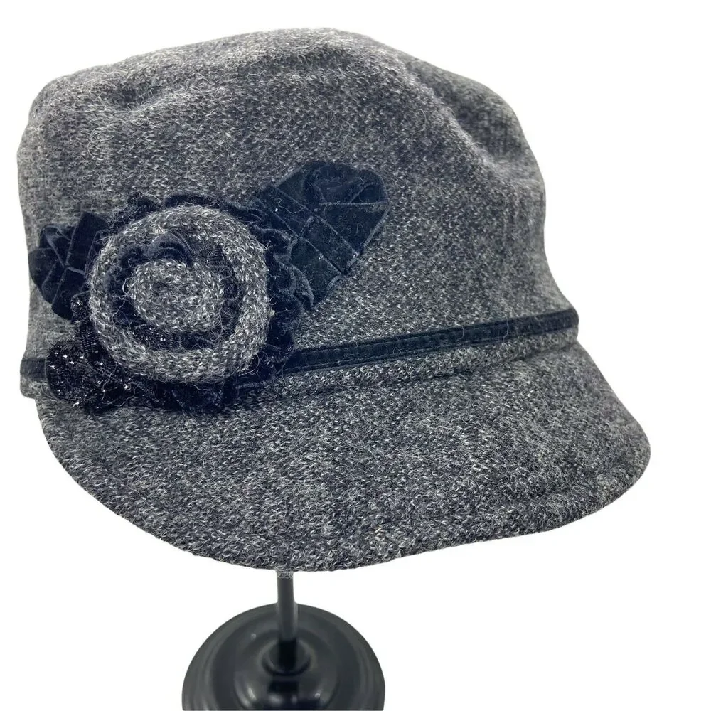 Floral Cadet Military Hat Betmar Women's Black Gray Velvet Trim Vintage Retro